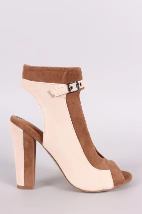 Shoe Republic LA Suede Two Tone Keyhole Chunky Mule Heel