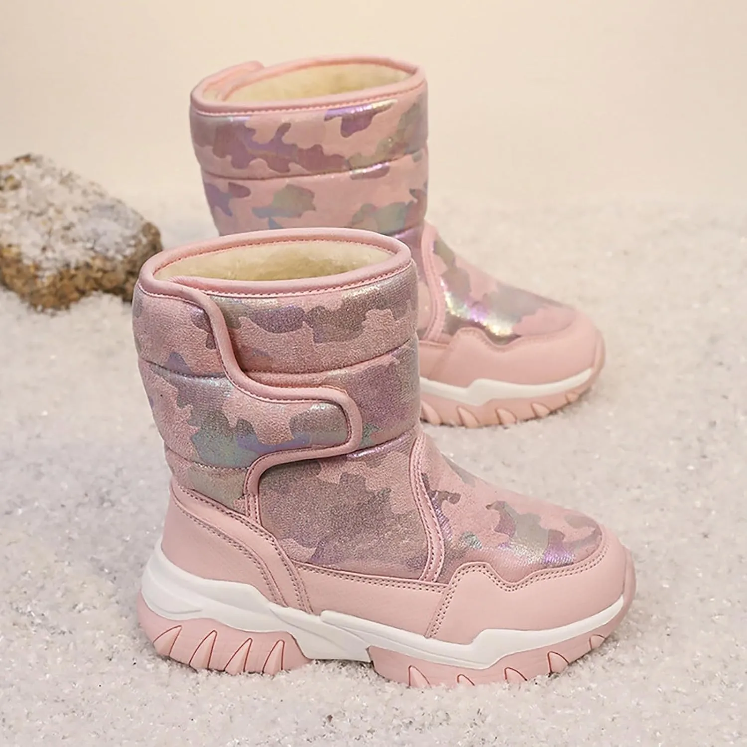 Unisex-Child aterproof Snow Boots Kids Slip esistant Mid Calf Fleece Lined Warm Cozy Thicken Winter Snow Boot Size 4