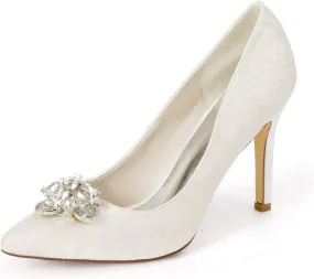 Wedding Bridal Shoes Women Pointed Toe Stiletto Heel Evening Party Pump Shoes with Rhinestone Buckle,Ivory,5