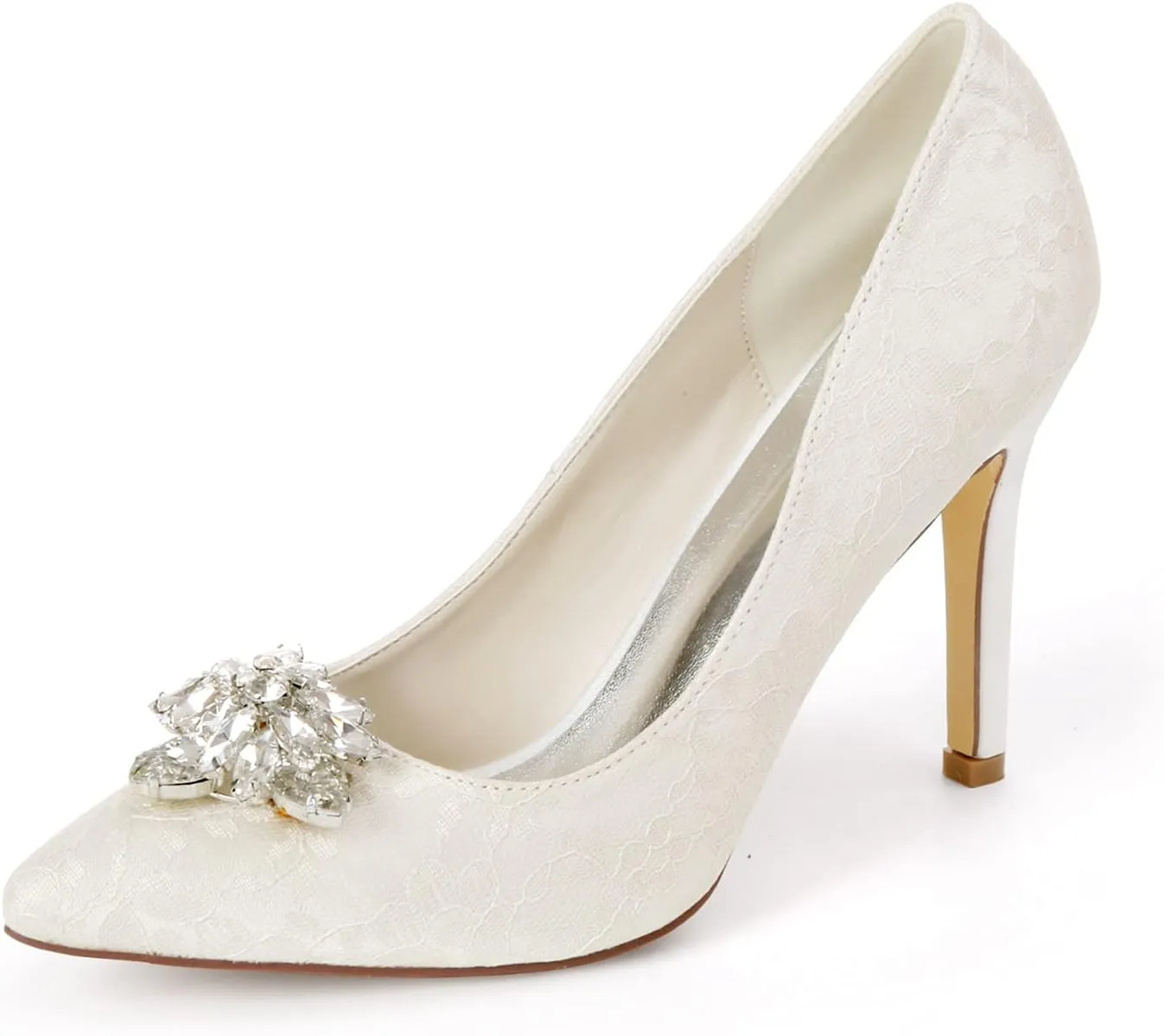 Wedding Bridal Shoes Women Pointed Toe Stiletto Heel Evening Party Pump Shoes with Rhinestone Buckle,Ivory,5