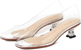 Women Clear Low Kitten Heels Pumps Shoes Round Closed Toe Slip On Transparent Sandals Open Peep Toe Chunky Block PVC Heels Crystal Pumps Office Wedding Party Dressy Summer Chic 4-11 M US