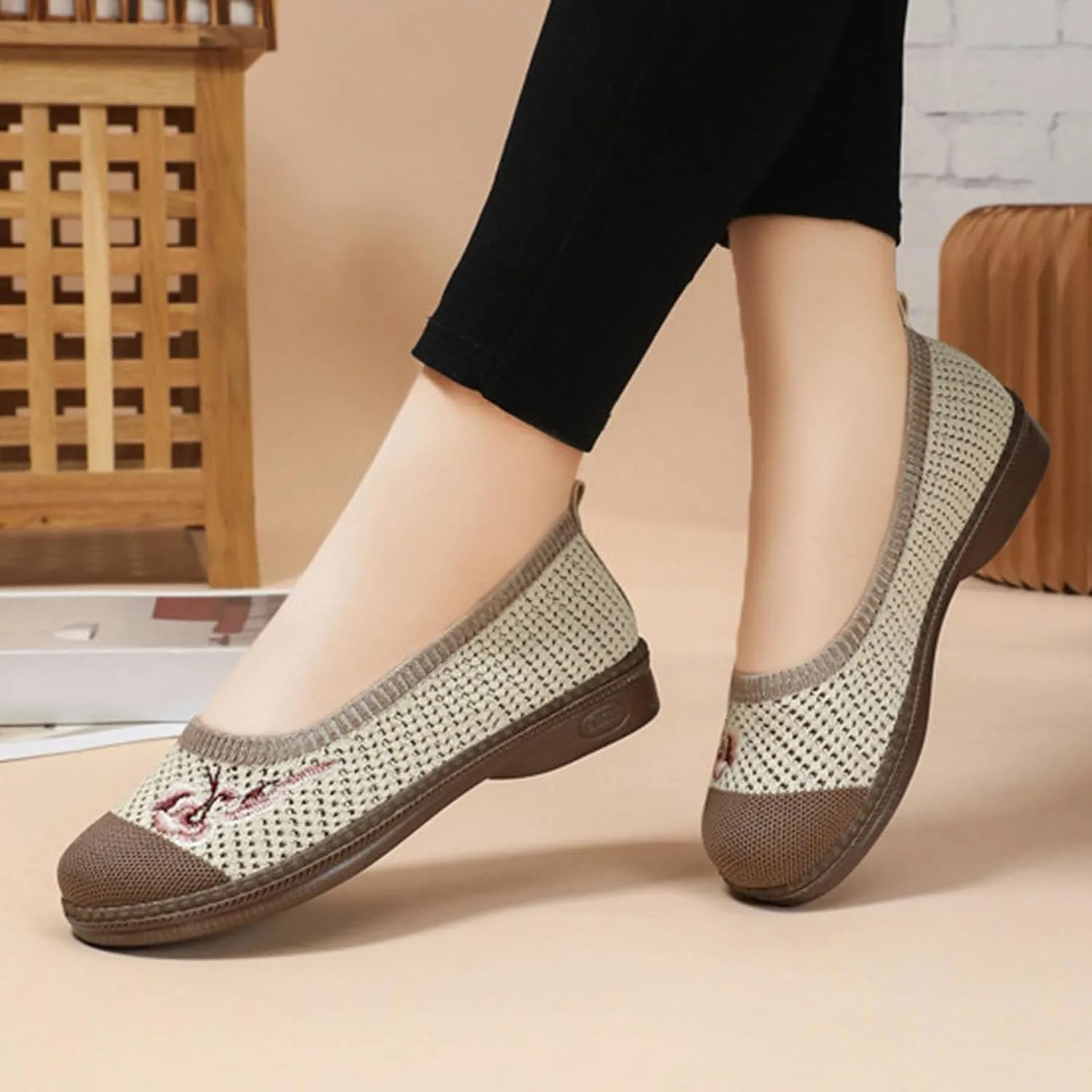 Women Cloth Loafers Mesh Flower Embroidery Slip on Casual Shoes Chunky Low Heels Breathable Lightweight Flat Shoes