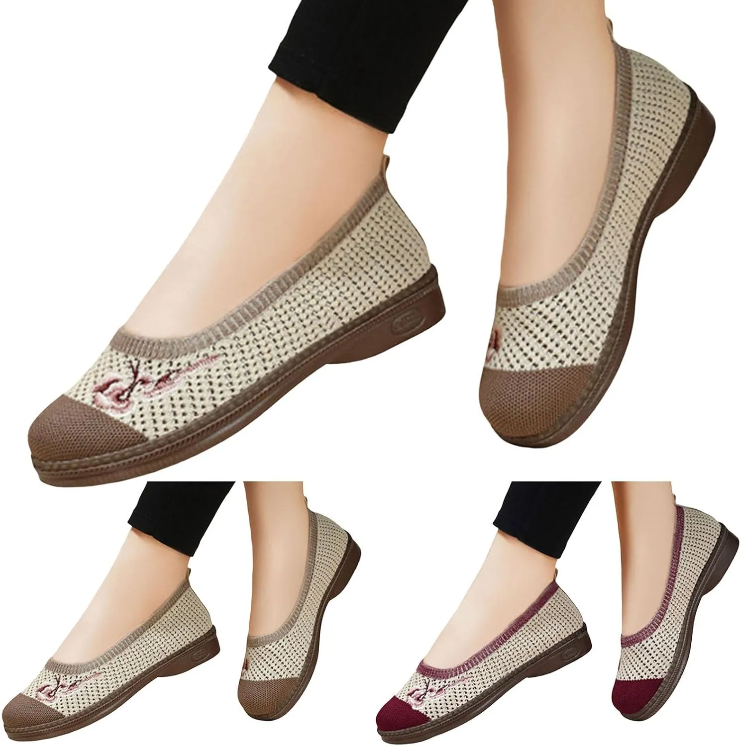 Women Cloth Loafers Mesh Flower Embroidery Slip on Casual Shoes Chunky Low Heels Breathable Lightweight Flat Shoes