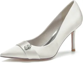 Women's Bridal Shoes Closed Toe 3.35" Stiletto Heel Lace Satin Pumps Evening Wedding Heels,Ivory,12