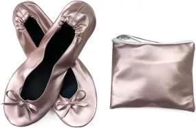 Women's Portable Ballet Flats, Bowknot Rollable Soft Sole Wedding Flat Shoes, Comfy Dancing Flat Shoes with Purse Bag