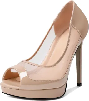 YODEKS Womens Peep Toe High Heel Platform Stiletto Pumps Slip On Mesh Heels 5 Inch Party Evening Dress Shoes